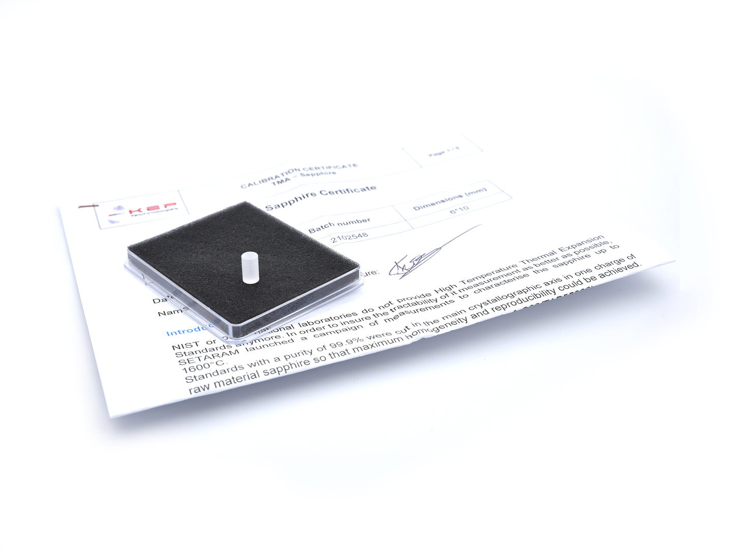 Sapphire standard for TMA (diameter :6 mm / length:10 mm) with calibration certificate