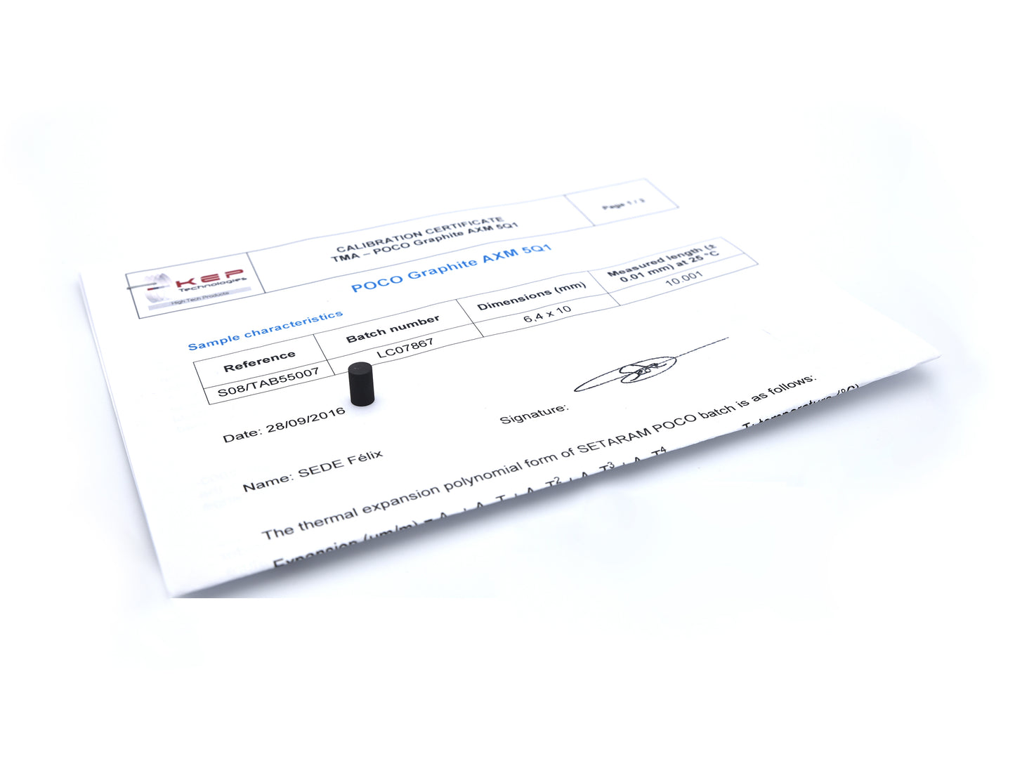 Graphite standard for TMA (diameter: 6.4 mm, length: 10 mm) with calibration certificate